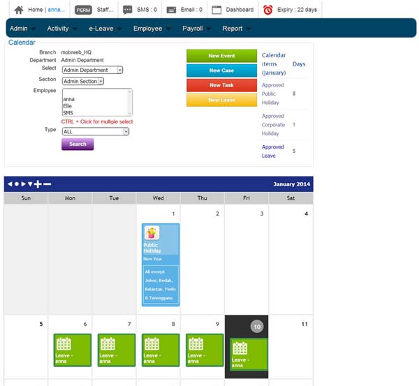 5.4.2 eLeave Calendar Display for Employee BMO Online HRM System